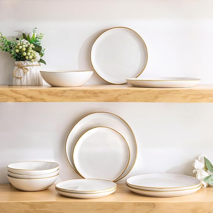 AmorArc Ceramic Dinnerware Sets,Handmade Reactive Glaze Stoneware Plates and Bowls Sets,Highly Scratch Resistant | Dishwasher & Microwave Safe Dishes Set,Service for 4 (12pc)