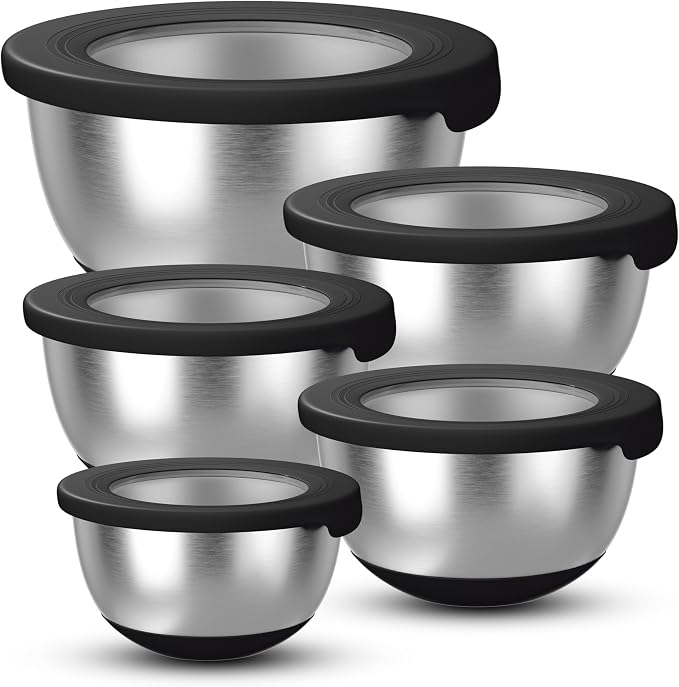KITEISCAT Stainless Steel Mixing Bowls with Lids – Set of 5 Large Nesting Metal Bowls for Kitchen, Baking, Cooking, Food Prep & Storage, Non-Slip Base, Dishwasher Safe,Black