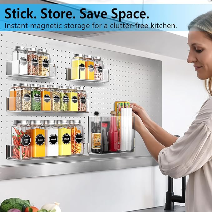 Magnetic Spice Rack Organizer for Refrigerator, Acrylic Magnetic Storage Shelf Set (5 Pack, 3 Sizes), Strong Fridge Organizer for Spices, Bottles, Wraps & Snacks, Space-Saving Kitchen Storage Solution