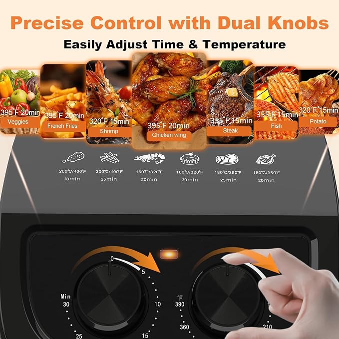 OSTBA 2.5QT Small Air Fryer for 1–2 People, Compact Mini Air Fryer with Dual Knob Temperature & Timer Controls, 6 Cooking Guides, Space-Saving Design, Nonstick Dishwasher-Safe Basket
