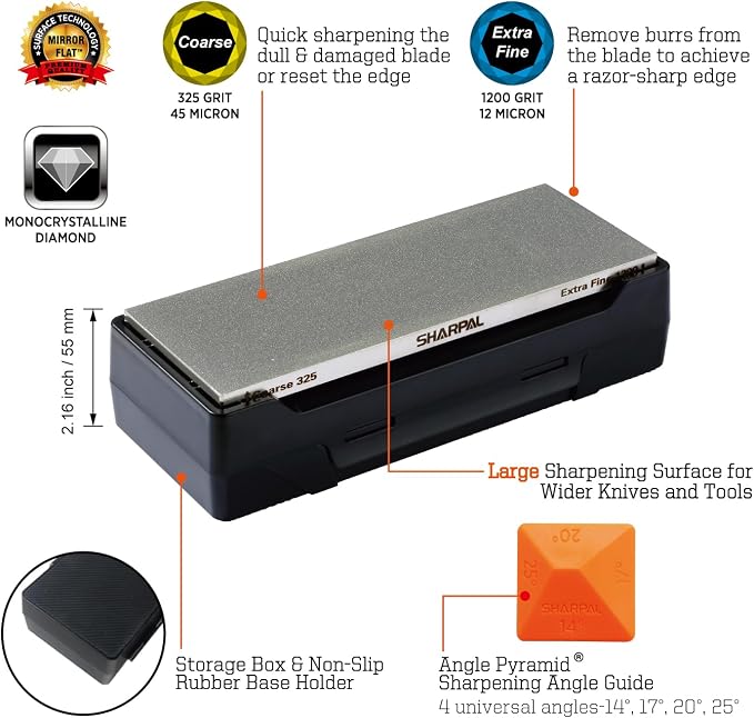 SHARPAL 162N Double-sided Diamond Sharpening Stone, 8 in. x 3 in. | Coarse 325 / Extra Fine 1200 Grit, Storage Case with NonSlip Base, Angle Guide, Knife Sharpener