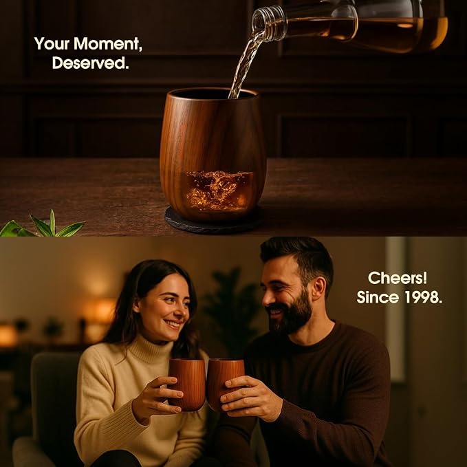 Bonteck Large Original Charred Wooden Bourbon Drinking Glass | 14 oz Charred Wooden Old Fashioned Whiskey Glass | Bourbon Gifts for Men, Dad, Boyfriend, or Brother | Whiskey Gifts (1 Pack)