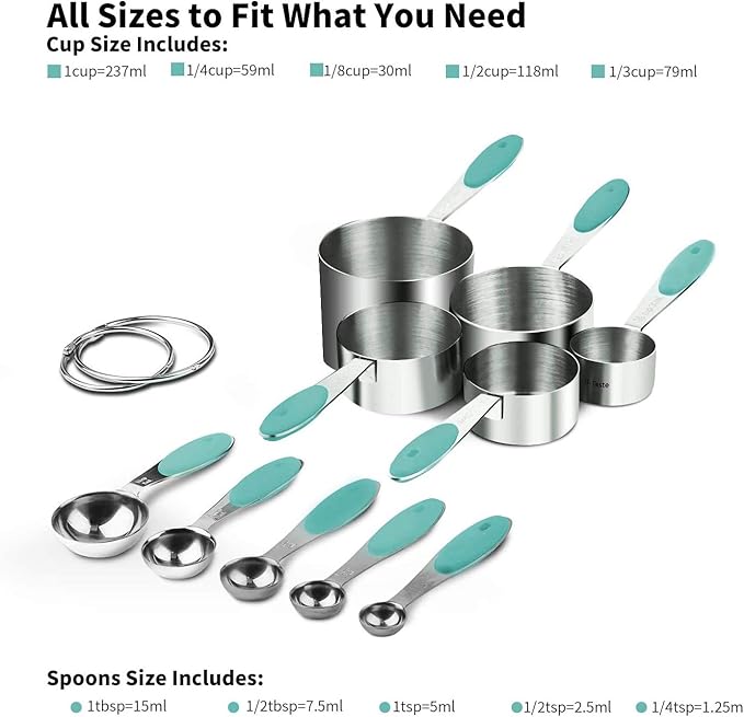 U-Taste 18/8 Stainless Steel Measuring Cups and Spoons Set of 10 (Aqua Sky) and 329°F Heat Resistant Rice Spoon Paddle Scooper (Transparent)