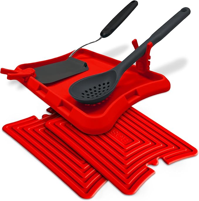Nottadrip Silicone Spoon Rest for Stove Top - Kitchen Spoon Rest for Countertop, Ladle Holder, All in 1 Serving Station, Elevate Handles, Drip to Tray, Mess Free - 5PC Trivet Set - Red
