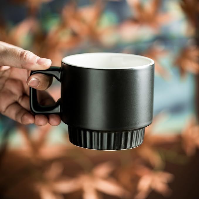 Miamolo Stackable Coffee Mugs with Stand Set of 4, Space-saving Storage | 11oz, Ceramic Latte Mugs | for Espresso Cappuccino Tea Hot Cocoa | Dishwasher & Microwave Safe | Housewarming Gift | Black