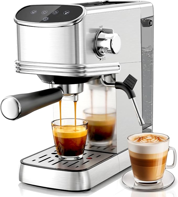 Kndko 20 Bar Espresso Machine, Espresso Maker with Milk Frother Steam Wand, Removable 45oz Water Tank, Compact Latte & Cappuccino Maker for Home & Office, Stainless Steel Color