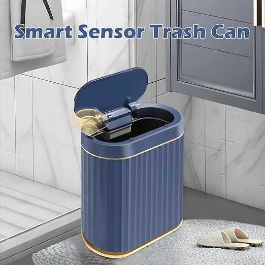 ELPHECO 2 Gallon Sensor Trash Can - IPX5 Waterproof Motion Sensor Trash Can, Automatic Bathroom Trash Bin, Slim Garbage Can for Bathroom, Office, Bedroom, Kitchen, Midnight Blue Gold