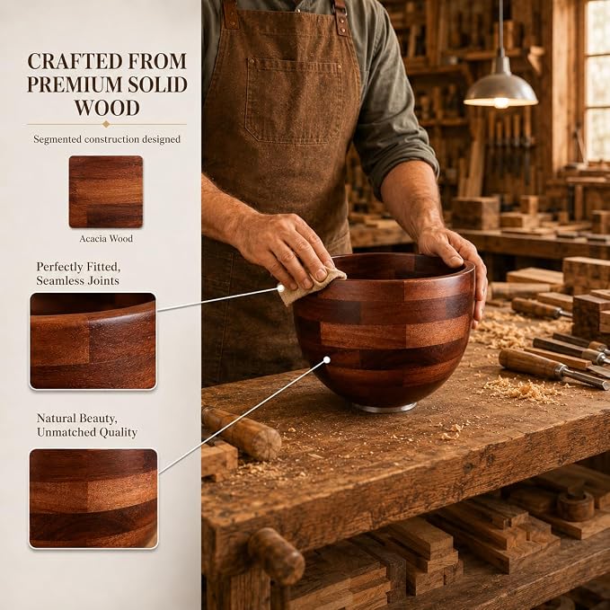 Premium Wood Mixing Bowl, Compatible with 4.5 & 5 QT KitchenAid Tilt-Head Stand Mixer. Natural Wooden Bowls, Kitchenaid Mixer Bowl with Stainless Steel Locking Base.4.5-5 Qt,Kitchen Gift Idea