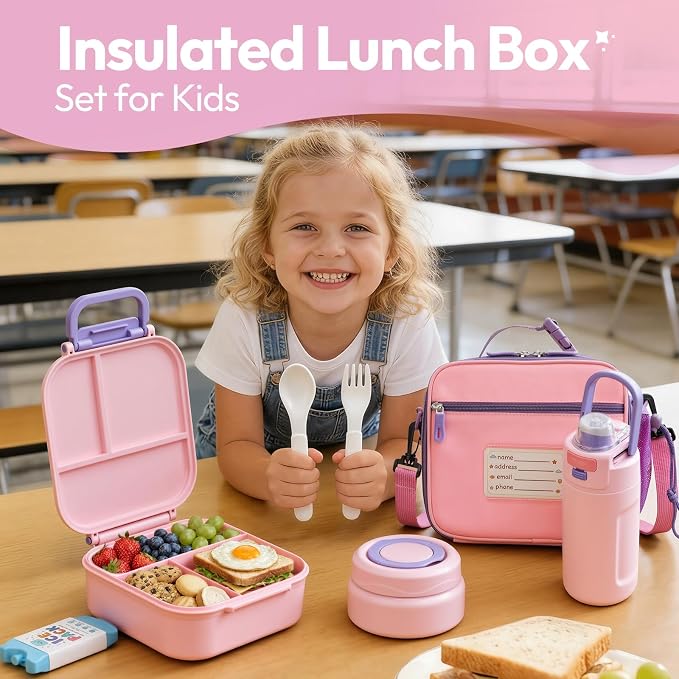 Itslife Bento Box for Kids Set, Insulated Food Container,Kids Lunch Box, 7 oz Thermos for Hot Food, 12 oz Thermos Water Bottle, Reusable Insulated Ice Bag & Fork Spoon Utensils Camping Travel Pink