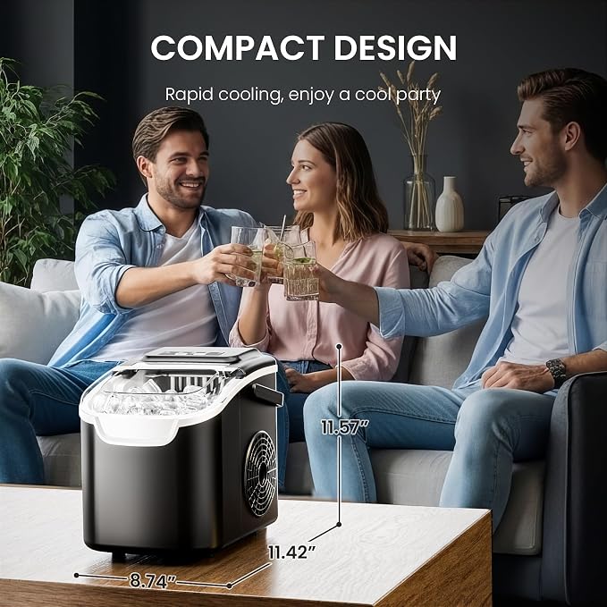 Countertop Ice Maker Machine – 8 Bullet Ice in 6 Mins, 26.5lbs/24Hrs Output – Self-Cleaning Portable Design with Selectable Ice Size & Touch Display for Home/Office/Bar