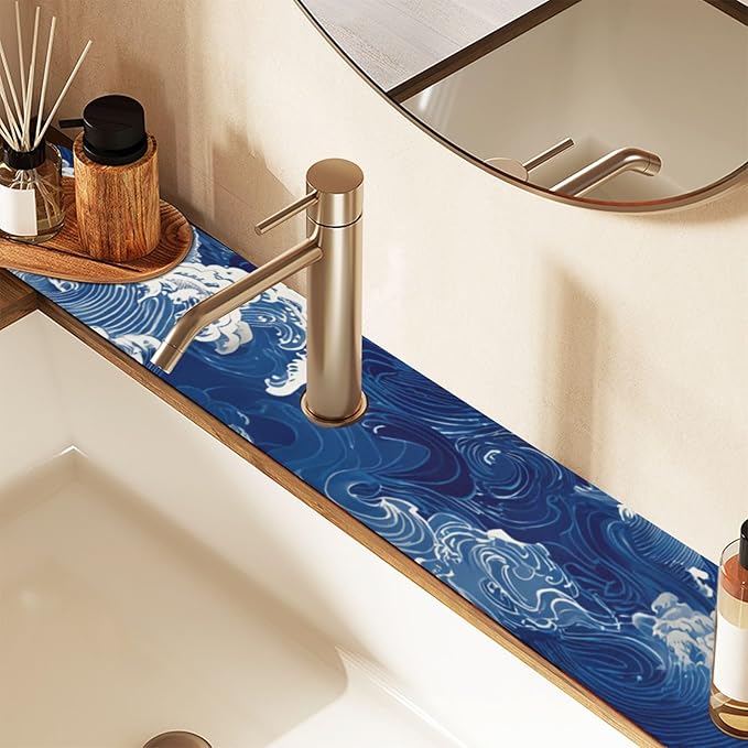 Kitchen Sink Splash Guard 1 PC 30 Inch Sink Faucet Mat Splash Guard for Bathroom Countertop Water Absorbent Foldable Cuttable Soft Washable Blue Ocean Waves