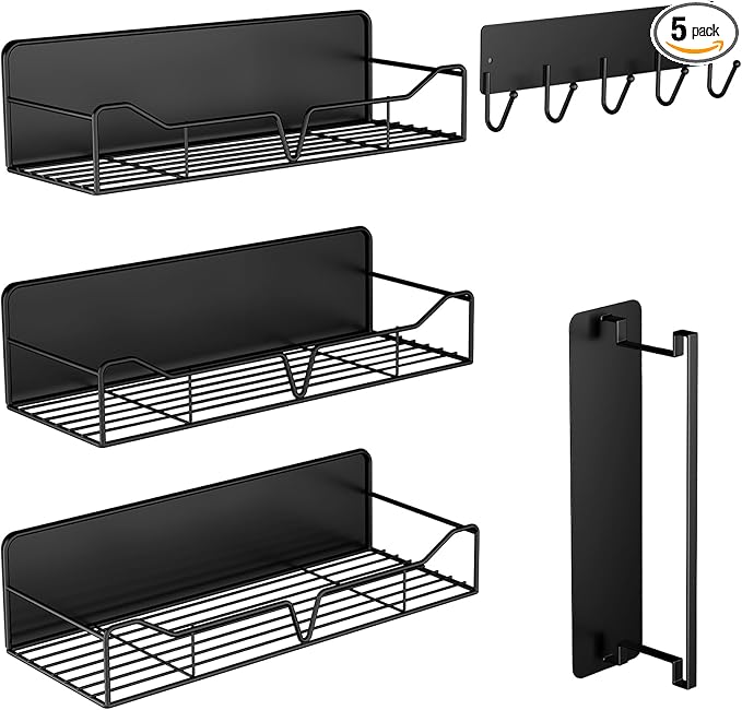 Magnetic Shelves for Washing Machine & Fridge Utentils Rack 5 Pack- Metal Heavy Duty Magnetic Shelf Magnetic Laundry Organizer with Hooks and Towel Holder for Magnetic Laundry Room Storage (Black)
