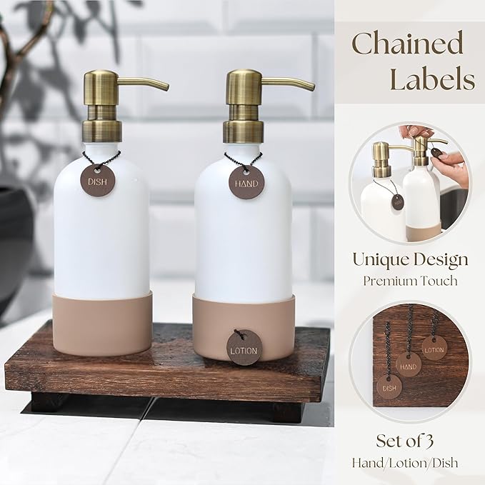 Finisterra White Hand and Dish Soap Dispenser Set With Tray - Boho Bathroom and Kitchen Soap and Lotion Dispenser Set - Luxury Hand Soap Dispenser