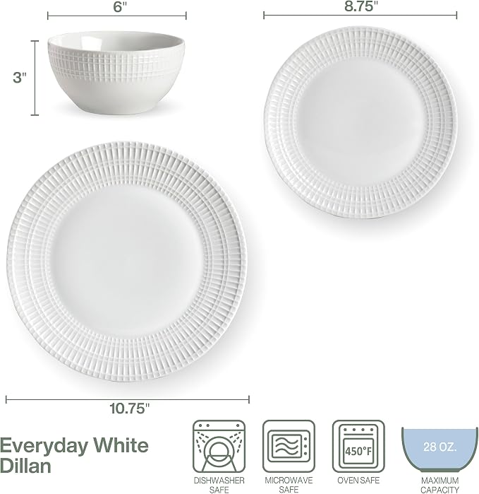 Everyday White Dillan 12 piece Dinnerware Plate Bowl Set, Service for 4