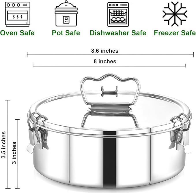 Stainless Steel Flan Pan with Lid, 80 fl oz Flanera Mold, Fits 8 Qt Cookers, 8.6 x 3.5 in, 3 Locking Clips, Oven Safe for Water Bath Baking, Cheesecake, Flan, Quesillo
