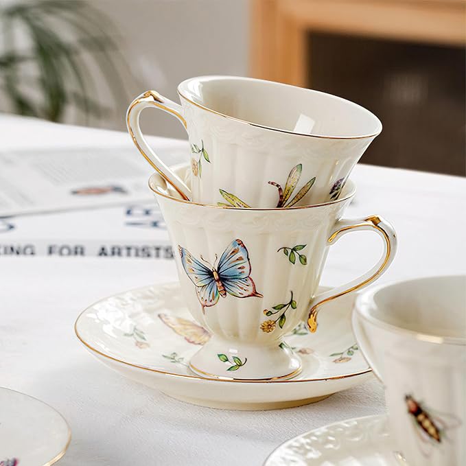 Porcelain Tea Cup and Saucer Set, 8.5 oz/250 ml Ceramic Coffee Mug with Saucer and Spoon, Vintage Coffee Cup with Gold Trim for Mom Women Mother's Day, Butterfly Pattern