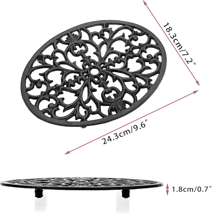 Sumnacon 2Pcs Oval Cast Iron Trivet - Antique Heat Resistant Metal Trivet for Hot Dish Pot Pan Teapot, Vintage Well Made Hot Plate Pad for Kitchen Dining Countertop Table