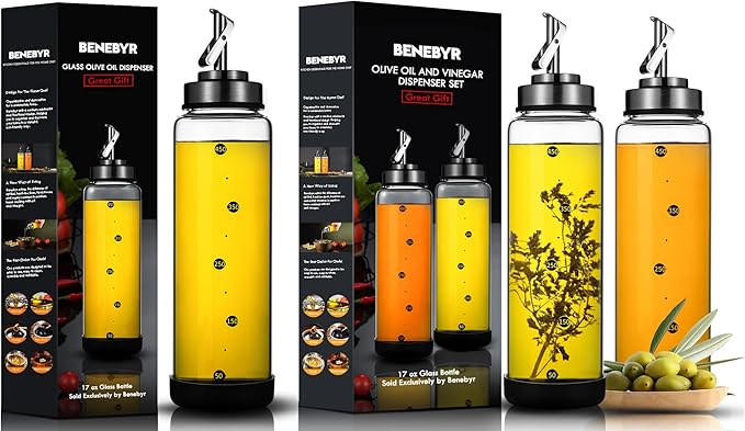 Glass Olive Oil Dispenser Bottle Shatterproof & Leakproof Oil and Vinegar Dispenser Set with Stainless Steel Spout & Rubber Bottom