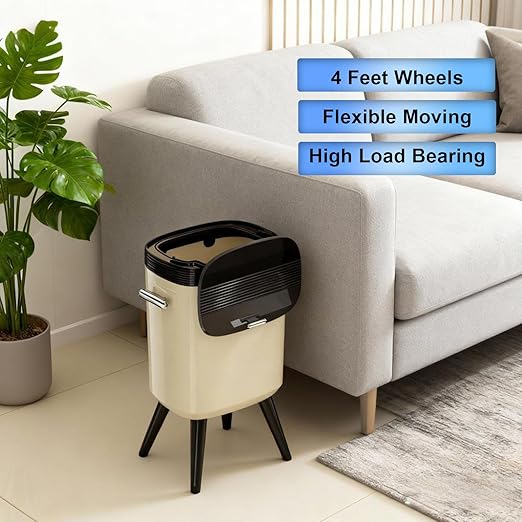 Tall Trash Can with Wheels, 15L Large Capacity Narrow Garbage Can with Elevated Legs, Trash Bin for Kitchen Bathroom Living Room Office (Cream White)