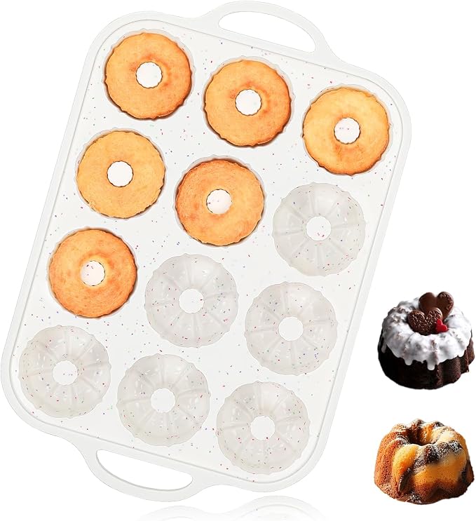 Vinino 3 Inch Silicone Mini Fluted Tube Cake Pan with Metal Reinforced Frame, 12-Cavity Mini Flan Mold, Nonstick Baking Pan for Mini Donuts, Muffins, Brownies, Jellies, 1 Pack