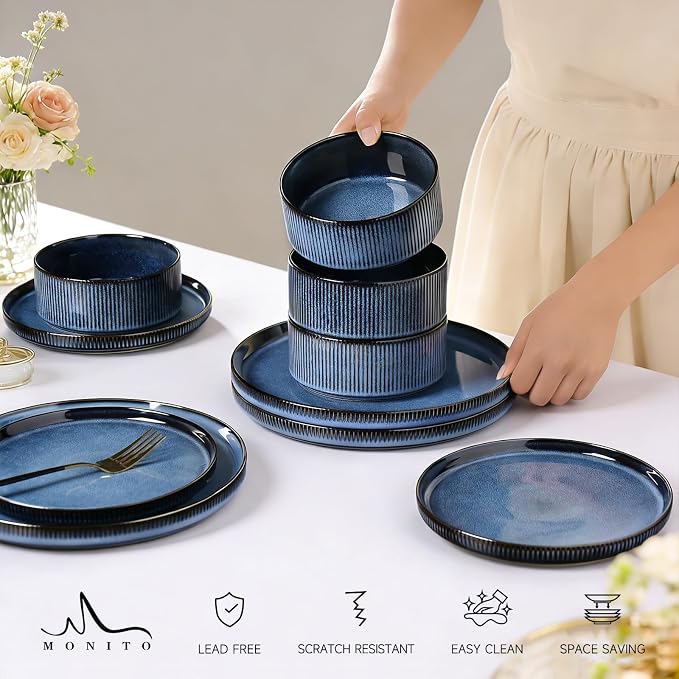 MONITO Ceramic Dinnerware Sets for 4, 12PCS Stoneware Plates and Bowls Sets, Reactive Glaze Dish Set, Chip and Scratch Resistant Double, Microwave and Dishwasher Safe, Dark Blue