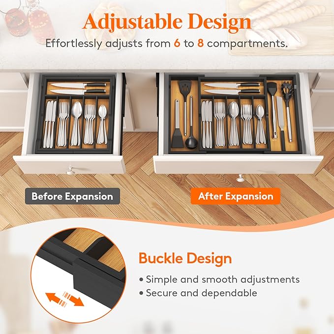 Lifewit Silverware and Cooking Utensil Drawer Organizer Set – Expandable Adjustable Bamboo Storage for Cutlery, Flatware, Spoons, Forks, Knives, and Kitchen Tools, BPA-Free, Natural and Black