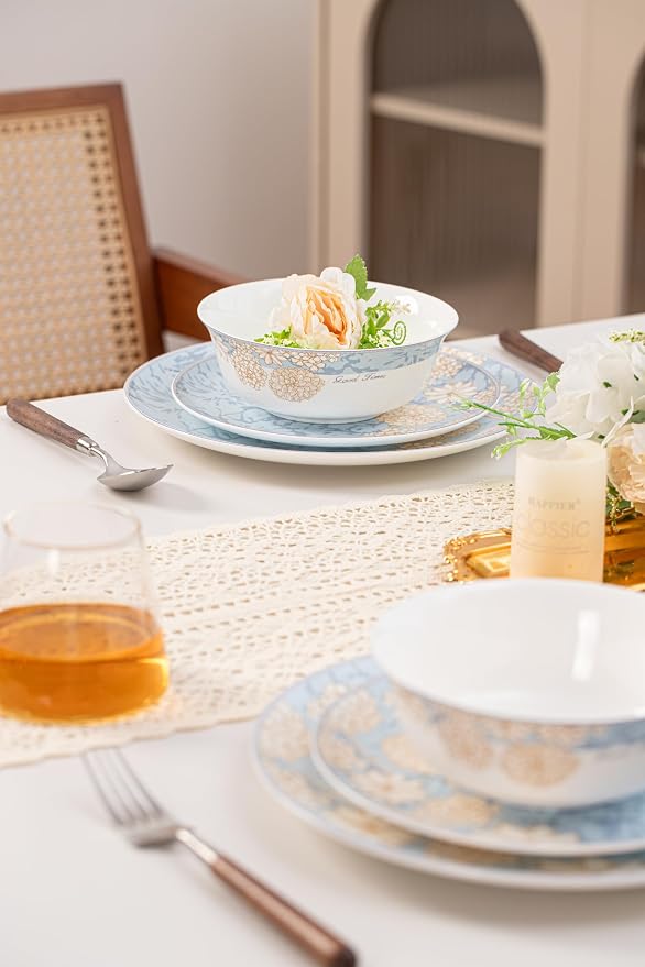 FHGNYSM High Bone China Dinnerware Set, 12-Piece Artistic Blue Plates and Bowls, Lightweight & Chip Resistant Ceramic Service for 4, Dishwasher Safe Elegant Kitchen Dining