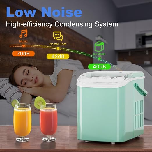 NEWBULIG Countertop Ice Maker Machine with Handle, Portable Bullet Ice Maker Produces 9 Cubes in 6 Minutes, 26 lbs per 24 Hours, Includes Basket & Scoop, for Home Kitchen RV Camping Party, Green