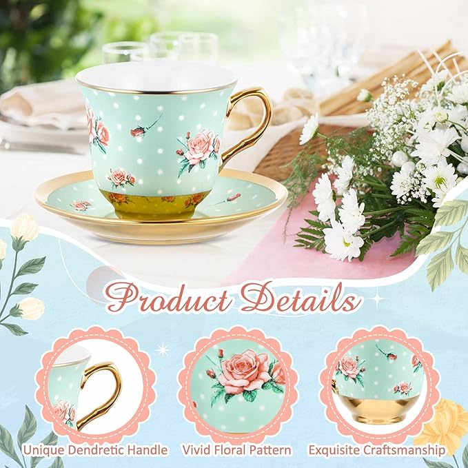 Teenyyou Set of 12 Tea Cups and Saucers Tea Party Decorations Floral Porcelain 5.4 oz British Gift for Women Birthday Party, Church, and Mother's Day (Vintage Style)