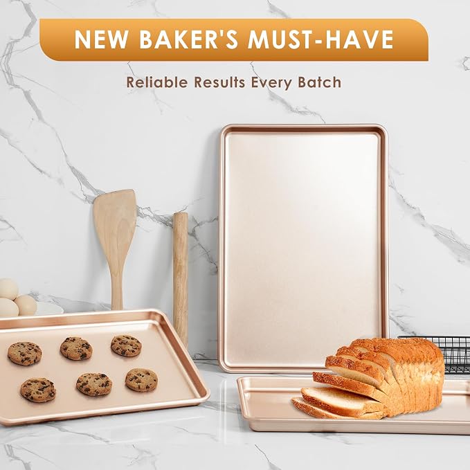 Baking Sheet Pan Set of 3, Nonstick Commercial Cookie Sheets for Baking | Commercial Half/Quarter/Jelly Roll Pans Replacement Toaster Oven Tray, Heavy Duty & Easy Clean