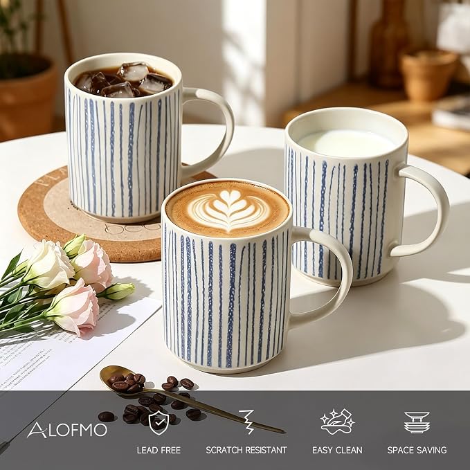 Coffee Mugs Set of 6, 17oz Ceramic Mugs with Handpainted Blue Gray Stripe Pattern, Modern Stackable Coffee Cups, Dishwasher and Microwave Safe Mugs for Home & Office (Vertical Stripes)