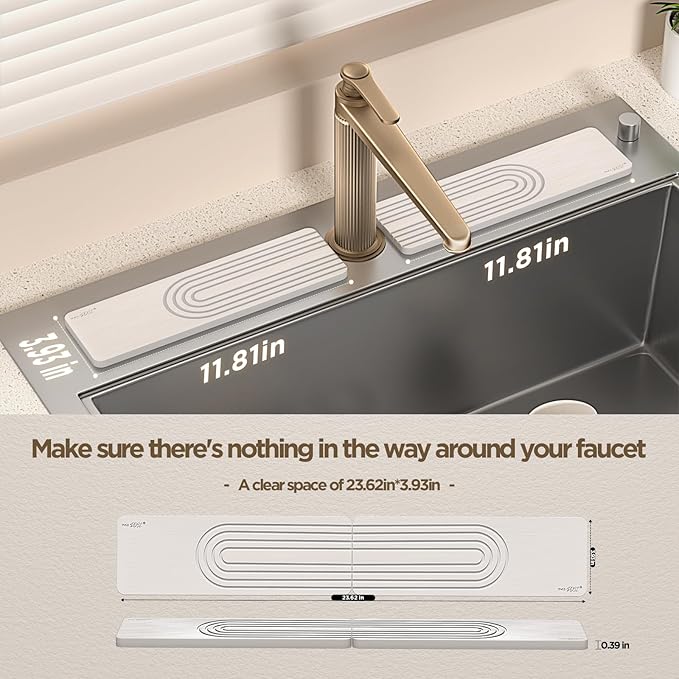 Faucet Mat for Kitchen Sink, Diatomite Stone Drying Sink Protectors, Bathroom Faucet Splash Guard, Quick Dry Water Absorbing, Non-Slip Tray for Kitchen Counter, White, 11.8" x 3.9" x 2pcs