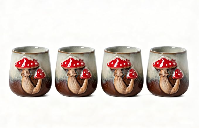 dgudgu Mushroom Espresso Cups Set of 4-5Oz Ceramic Demitasse Mugs with 3D Mushroom Embossed, Reactive Glaze Brown Gradient, Small Coffee Cups for Home Barista, Latte,Cappuccino