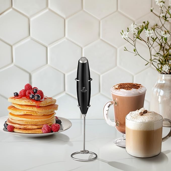 Zulay Kitchen Powerful Milk Frother Wand With 4 AA Duracell Batteries - Ultra Fast Handheld Drink Mixer - Electric Whisk Foam Maker for Coffee, Lattes, Cappuccino, Matcha & Creamer - Metallic Black