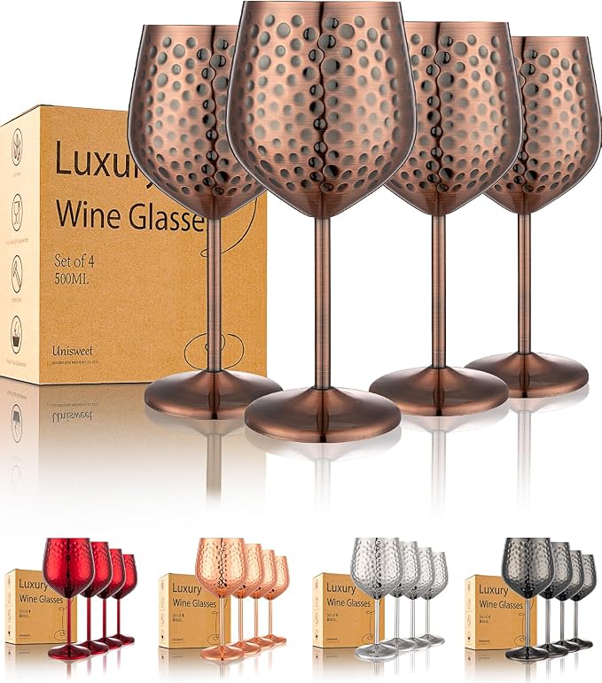 UNISWEET Stainless Steel Wine Glasses Set of 4 Unbreakable (Red Copper) | 17 oz Large-capacity Hammered Goblets, Lightweight & Reusable, Good for Outdoor, Camping, Pool Travel, Gift for Wine Lovers