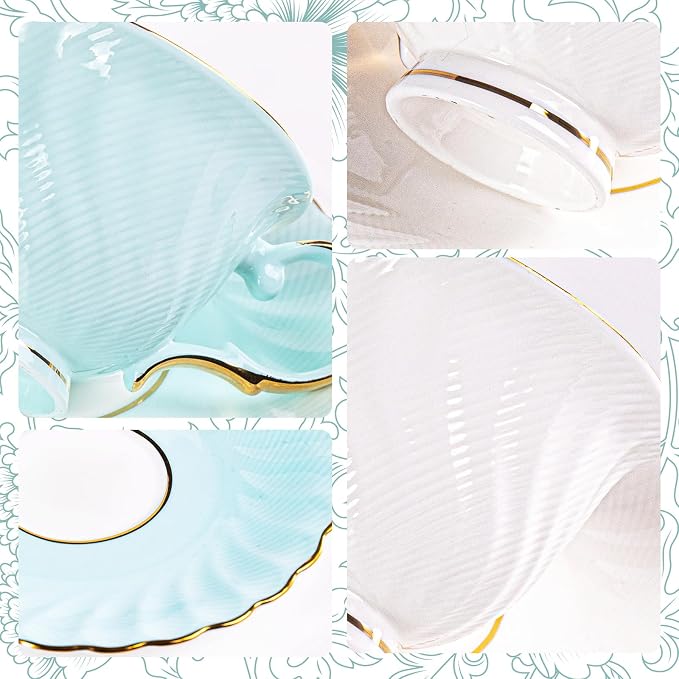 KAMMAK Tea Cups and Saucers Set of 2, Fine Bone China Coffee Cups, Stackable Espresso Mugs, Ceramic Demitasse for Coffee, Cappuccino, Latte, Americano, Tea, Sea Treasure (White + Blue)