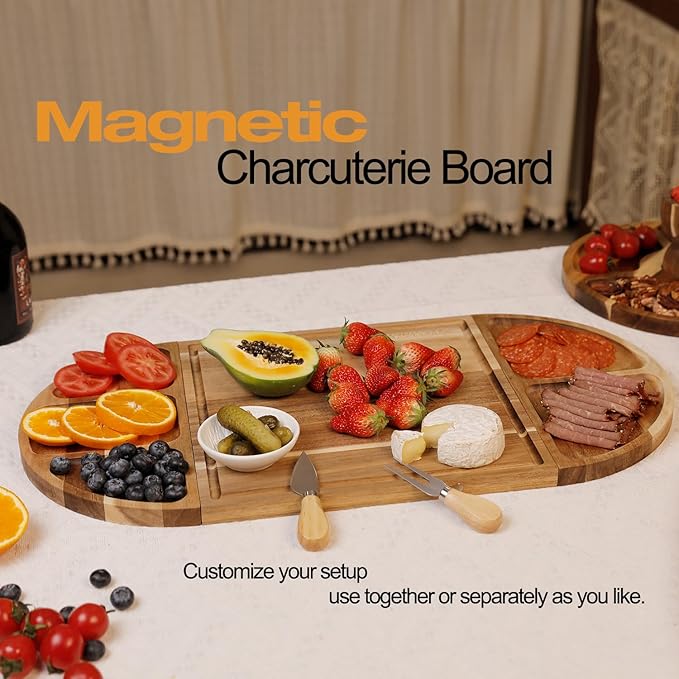 Large Magnetic Charcuterie Board Set 26x13 Inch - Acacia Wood Cheese & Serving Tray with 4 Color-Coded Cutting Mats, Juice Grooves - Modular Design for No-Mess Entertaining, Wedding Gifts