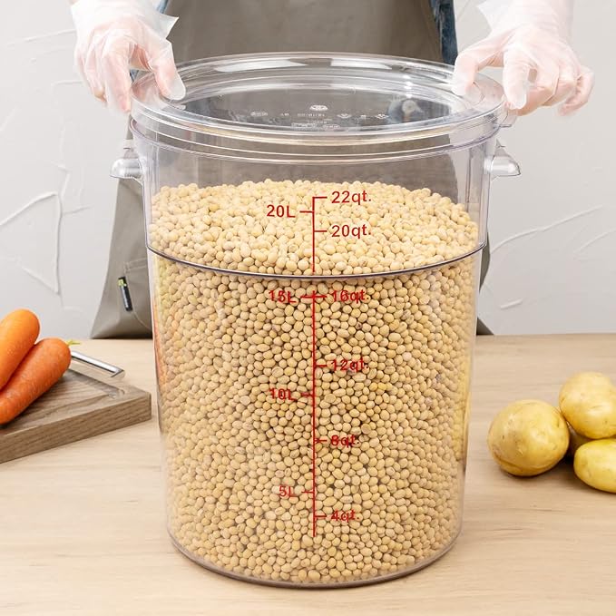 Restaurantware Met Lux 22 Quart Food Storage Containers 10 Round Commercial Storage Containers - Lids Sold Separately With Volume Markers Clear Plastic Food Prep Buckets Space-Saving Storage