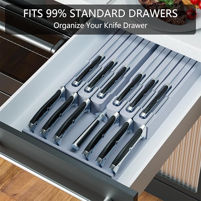 Domax Bamboo In-Drawer Knife Block Kitchen Knife Organizer Insert for 12 Knives and 1 Sharpening Steel(Not Included), Steak Knife Holder, Gray