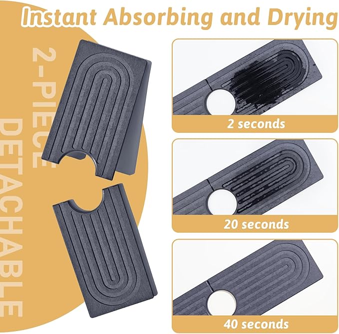 Faucet Mat for Kitchen Sink, 16'' Diatomite Sink Protector Splash Guard Draining Mat, Quick Drying Stone Sink Tray, Water Absorbent Soap Sponge Holder for Bathroom, Women Men Birthday Gift, Dark Gray