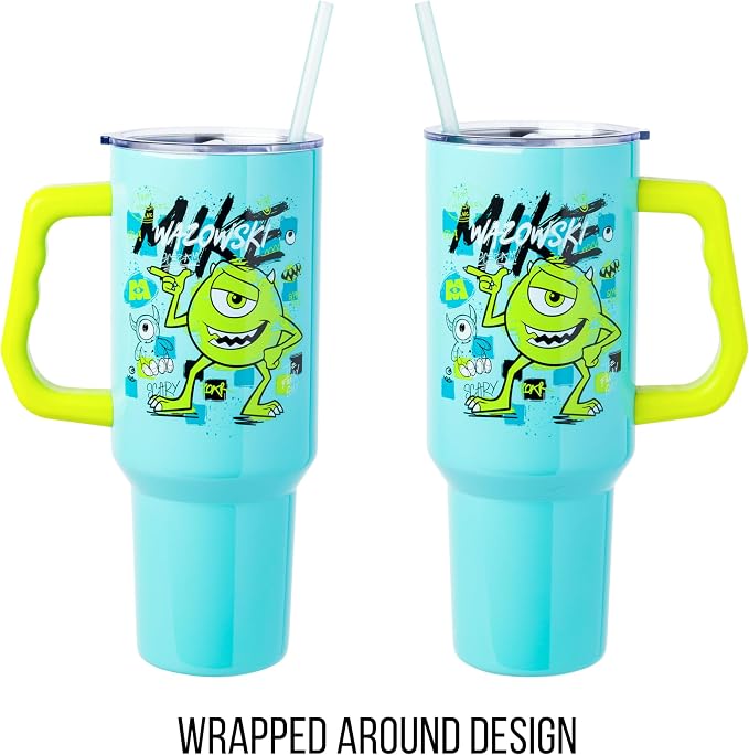 Silver Buffalo Disney Pixar Monsters Inc. Double Walled Stainless Steel Tumbler with Handle Featuring Mike Wazowski, Fits in Standard Cup Holder, 40 Ounces