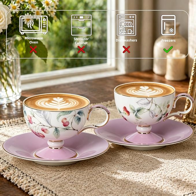 KAMMAK Ceramic Coffee Cups Saucers Set of 2, Porcelain Espresso Cup with Saucer, 6.76 oz Handmade Elegant Bone China Tea Cups, Ceramic Floral Pattern Demitasse Cup for Latte, Americano, Cappuccino