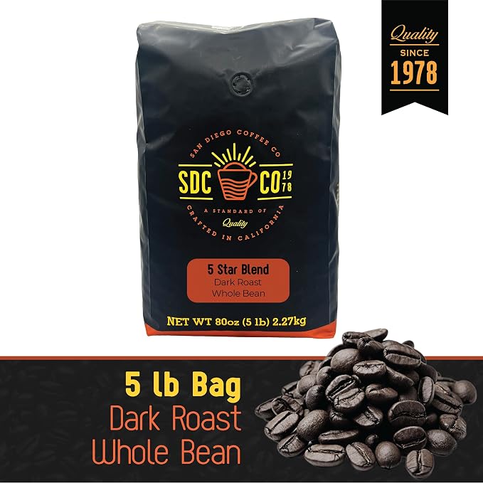 San Diego Coffee 5 Star Blend, Dark Roast, Whole Bean Coffee, 5-Pound Bag Café en grano tostado