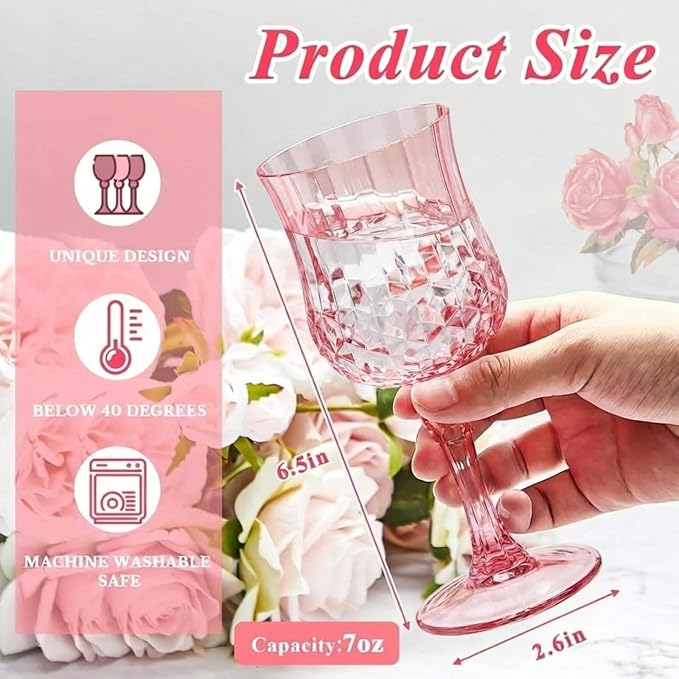 Pinkunn 12 Pcs 7 oz Plastic Vintage Wine Glasses Reusable Colored Goblets Patterned Drinking Water Glasses Cup Dishwasher Safe for Mother's Day Wedding Reception Party Supplies (Pink)