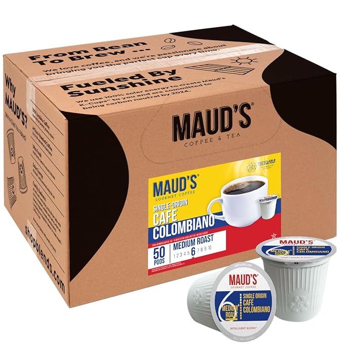Maud's Colombian Coffee Pods, 50 ct, Single Origin, Medium Roast Coffee in Single Serve Pods – 100% Arabica Coffee, Compatible with Keurig K Cups Maker