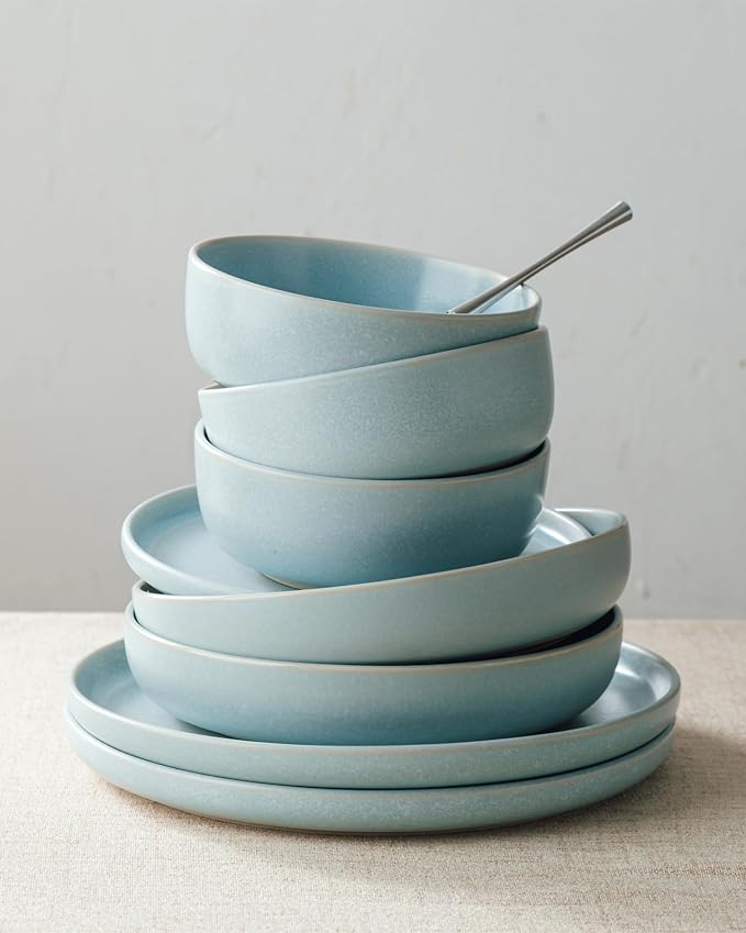 Famiware Milkyway Plates and Bowls Sets, 12 Pieces Dinnerware Sets, Reactive Glaze Dish Set, Stoneware Dishes Set for 4, Light Blue