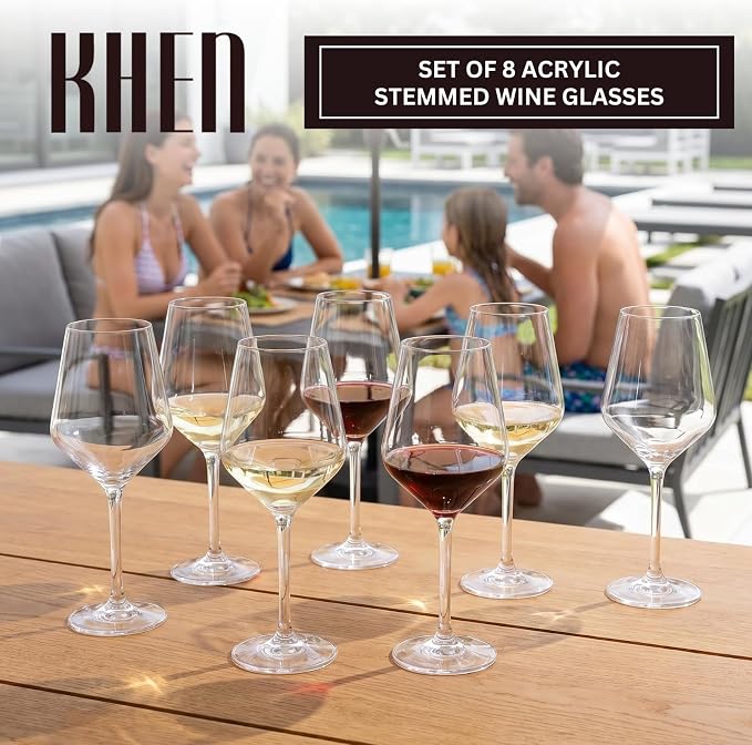 Unbreakable European Style Plastic Crystal, Stemmed Wine Glasses | Set of 8 | Acrylic Tritan Drinkware, Unbreakable Clear Color Shatterproof BPA-free, Reusable, Floating Pool & Indoor & Outdoor, 18oz