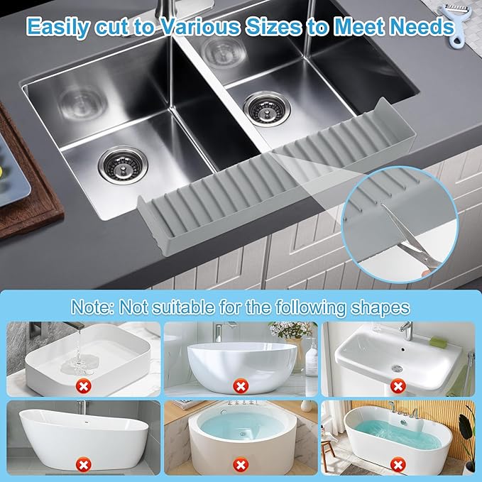 Silicone Faucet Splash Guard 4" x 20", Faucet Water Catcher Mat, Longer Silicone Sink Mat for Kitchen, Bathroom, Laundry Room, Farmhouse for Quartz Kitchen Sink（Gray）