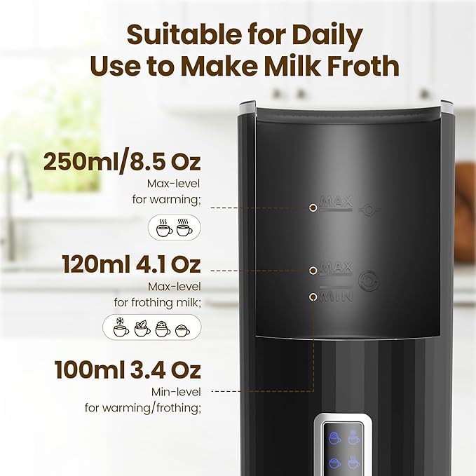 Kismile Milk Frother, 6-in-1 Electric Milk Steamer with Stainless Steel Inner Tank，Automatic Warm and Cold Foam Maker for Latte, Cappuccinos, Macchiato(Black)