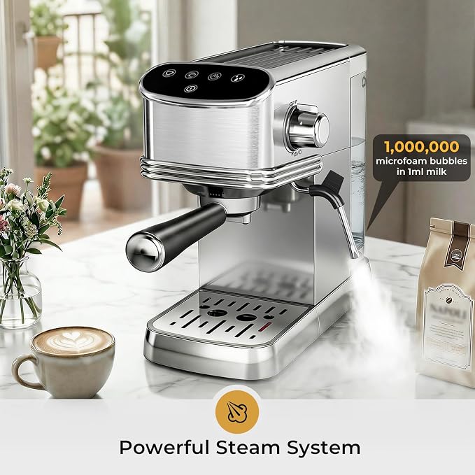 Kismile Espresso Machine 20 Bar, Small Coffee Maker with Milk Frother, Stainless Steel Coffee Machine with 45oz Removable Water Tank for Cappuccino, latte, Silver